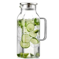Carafe à eau en verre borosilicate de forme carrée au design unique, fabriquée à la main, sans BPA, compatible lave-vaisselle, avec couvercle en acier inoxydable