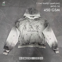 Sweat à capuche court RAMAX 450GSM effet délavé, ourlet brut, imprimé graphique, streetwear, pour femmes et hommes, personnalisable, vente en gros, OEM, ODM