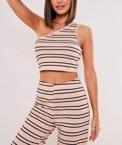 Custom High Quality Sleepwear Striped One Shoulder <strong>Crop</strong> Top and Pants Two Piece Loungewear Set Women Cotton Print <strong>Pajamas</strong> - Product Image 3