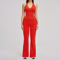 Stelan Yoga Wanita Ramah Lingkungan, Bahan Bernapas, Polos, Pendek, Slim Fit, Seksi, Tanpa Punggung, Off-Shoulder, Atasan Vest, Celana Flare 2-Piece
