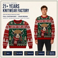 Produsen Kustom Nanteng 100% Katun Kasual Lembut Hangat Bergambar Sapi Lucu Kerah Bulat Sweater Natal Jelek Pria