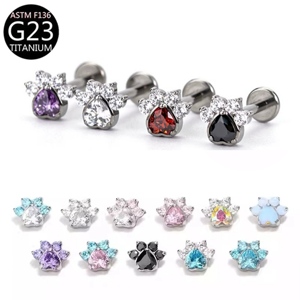 Piercing en Titane Zircon <span class=keywords><strong>Patte</strong></span> de Chat, Clou d'oreille, Labret à filetage interne, Anneau de lèvre, Bijoux de piercing corporel, Cadeau pour <span class=keywords><strong>la</strong></span> Saint-Valentin - Product Image 1