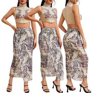 New Female Sleeveless Stand Collar Ankle-Length Digital Printed Navel <b>Sexy</b> Mesh Stitching Two-piece <b>Set</b> - Product Image 6