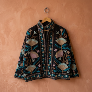 Handcrafted Black Velvet Suzani Embroidered <b>Jacket</b> <b>Women</b> Open Front Mandarin Collar Short Coat Reversible Boho Outerwear - Product Image 1
