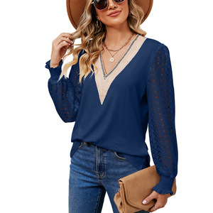 Wholesale of New V-neck Lace Elegant <strong>Blouse</strong> Plus Size Long Sleeved T-shirt Tops for Women - Product Image 6