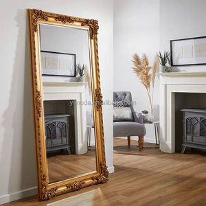 Miroir mural en bois sculpté à feuilles dorées, style rétro antique royal Art Déco, décoration de luxe sur pied pour dressing - Product Image 1