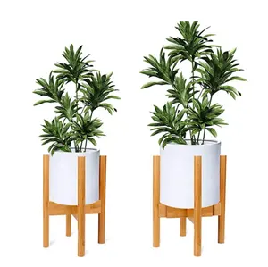 Natural Bamboo Adjustable Plant Stand Mid Century Wood Modern Flower Potted Holder Rack for Indoor Outdoor