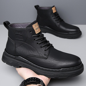 Bottes Martin pour hommes, à bout rond, talon plat, en cuir véritable, imperméables, semelle extérieure en caoutchouc, à lacets, style uni, automne-hiver - Product Image 4