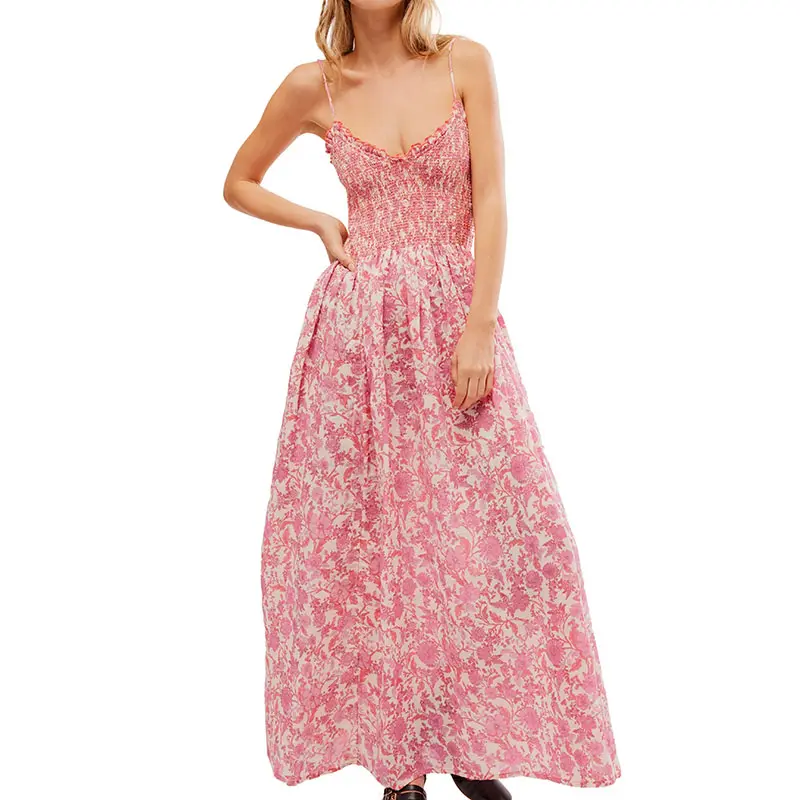 Vestido de verão feminino elegante com decote em V e bolsos laterais, vestidos maxi sem mangas com estampa floral doce e casual