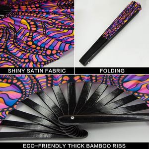 Éventail réactif aux UV avec baleines en bambou, 33 cm, pliable en tissu, luminescent sous lumière noire pour festivals EDM, concerts et tenues de soirée - Product Image 3