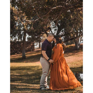 فساتين إشبينة العروس بأكمام طويلة برقبة حرف V طويلة بفتحة مطوي من الشيفون على شكل حرف A-line فساتين حفلات رسمية بجيوب YO090 - Product Image 3