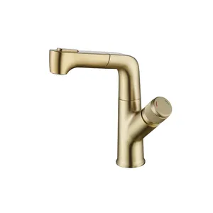 Modern Solid Brass Matte Gold Pull Out Bathroom Multi-function Basin Faucet Hot Cold Water Mixer