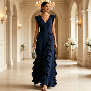 Vestido Maxi Elegante de Gasa para <span class=keywords><strong>Mujer</strong></span> 2026 - Vestido Formal Sofisticado con Cuello en V Fruncido, Manga Corta, Color Liso, Venta al por Mayor - Product Image 3