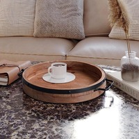 Plateau rond pour table basse-Plateau de service en bois de ferme de 13 ''avec poignées en métal-Plateau décoratif rond pour table basse