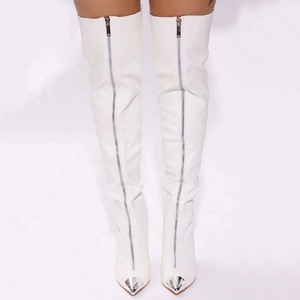 Women's Front Silver Zipper Metal Pointed Toe Long Boots Skintight Thigh High Booties Sexy Dress Stiletto Stage <b>Shoes</b> - Product Image 4