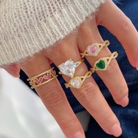 Petite bague en cuivre plaqué or avec zircone et diamant en forme de cœur, double couche, bague d'amour douce