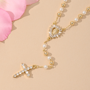 Nuovo <span class=keywords><strong>Rosario</strong></span> Lungo Religioso con Croce e Perline, Collana <span class=keywords><strong>Rosario</strong></span> Cattolico con Madonna, Collane con Perline Placcate <span class=keywords><strong>Oro</strong></span> - Product Image 2