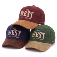 Casquette de baseball en daim de style western vintage avec broderie 3D personnalisée de haute qualité, visière incurvée, 5 panneaux, bicolore, type Gorras Trucker Hat