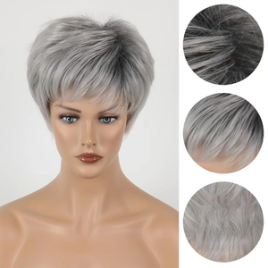 Perruques grises <span class=keywords><strong>coiffure</strong></span> <span class=keywords><strong>courte</strong></span> 4 pouces Bob perruques synthétiques naturelles <span class=keywords><strong>frange</strong></span> perruques cheveux noirs moelleux pour femmes cheveux Cosplay sans colle - Product Image 3