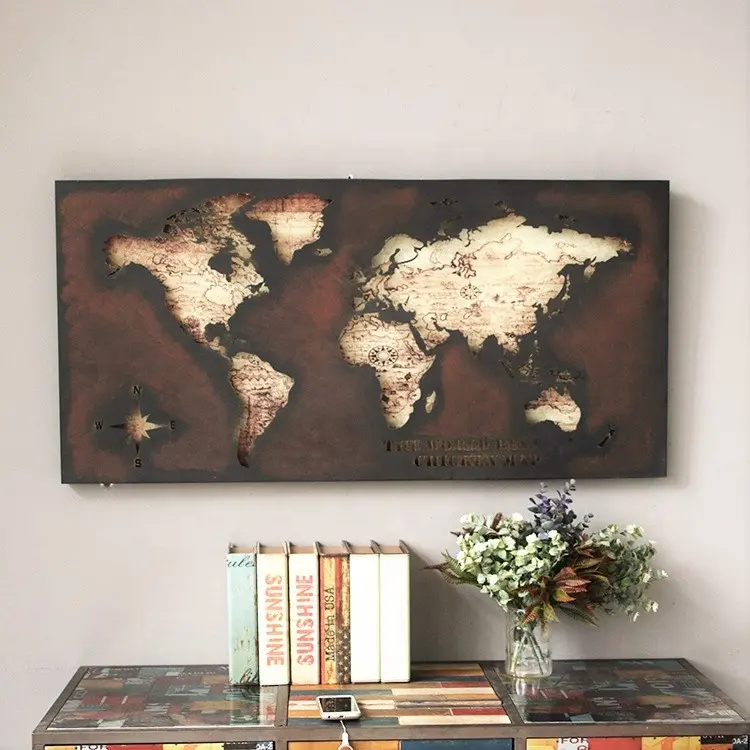 Large Retro Antique World Map Wrought Iron Hollow Home Cafe Bar Wall Decor