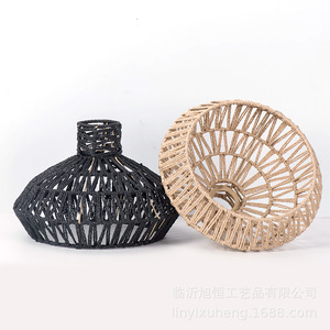 Handmade Paper <b>Rope</b> Pendant Lamp E27 Round Black Yellow Led <b>Light</b> Source For Guesthouse Restaurant Teahouse Decor - Product Image 2