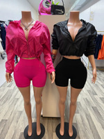 Ensemble 2 pièces pour femme, automne, décontracté : Short cycliste taille haute et veste coupe-vent courte à capuche zippée, style sport et mode