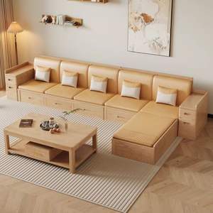 Sofá de Madera Maciza de Fresno Blanco Nórdico, Combinación Recta con Almacenamiento, Mueble para Sala de Estar - Product Image 4