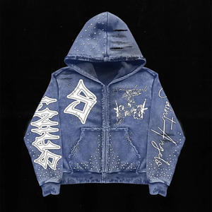 Custom Distressed Applique Embroidery Streetwear Vintage Acid Wash Rhinestone <b>Zip</b>-Up <b>Hoodie</b> 100% Cotton Print Unisex Autumn - Product Image 1