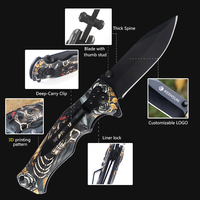 Couteau de poche pliable à lame en acier inoxydable avec logo personnalisé, fabrication OEM, ouverture par bouton, pour la chasse, le camping et les activités de plein air