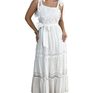 KY été dames brodé blanc longue robe parole longueur noeud papillon creux licou doux Style tricot tissu imprimé sans col - Product Image 4