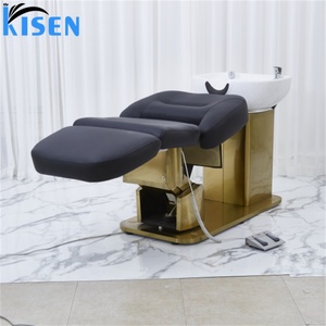 Fauteuil de lavage multifonctionnel électrique Kisen en cuir PU blanc et noir pour salon de coiffure, usage hospitalier, avec massage et shampoing, style moderne et luxueux - Product Image 2