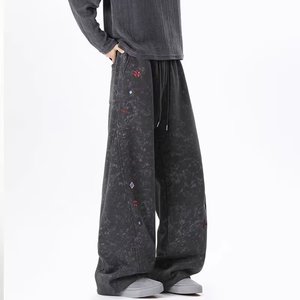 Vintage High Street Sweatpants Men Baggy Joggers Heavyweight Cotton Casual <strong>Trousers</strong> Loose Streetwear Adjustable <strong>Drawstring</strong> - Product Image 2