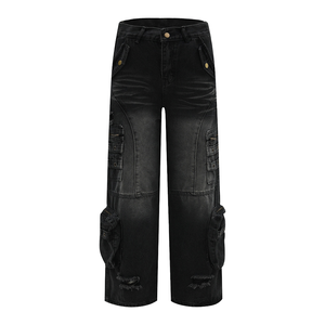 Vaqueros Cargo de Mujer Vintage Personalizados de Cintura Baja y Pierna Ancha, Lavados, de Ajuste Holgado, Transpirables, Estilo Urbano, Pantalones de Mezclilla de Verano - Product Image 1