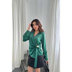 Chemisier en satin vert à boutons, style vintage, avec dentelle, taille XL, à carreaux, idéal pour le printemps, l'été, l'automne, le travail et le quotidien. - Product Image 5