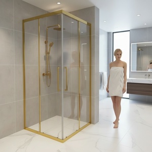 Puertas de <span class=keywords><strong>Ducha</strong></span> de Acero Inoxidable 304, <span class=keywords><strong>Puerta</strong></span> Fija y Corredera Cuadrada, <span class=keywords><strong>Mampara</strong></span> de <span class=keywords><strong>Ducha</strong></span> con Marco Dorado y Vidrio Templado - Product Image 1