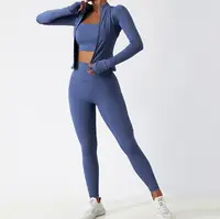 Tiktok 2022 özel kadın Yoga seti aktif giyim nefes hızlı kuru Zip uzun kollu tayt Halter spor sutyen 3 adet egzersiz seti