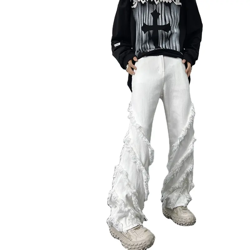 Jean blanc bord brut à franges pantalon de rue haute marque à la mode ruffian frit street men micro pantalon droit évasé en gros