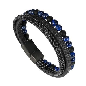 Men's Natural Stone <b>Beaded</b> Bracelet Black Blue <b>Braided</b> Leather Multi Layered Bangle Everyday Wear 7.5in 8.5in 9in - Product Image 4