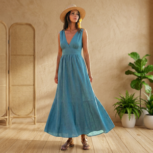 Coral Handmade 100% Cotton Bow V-neck <b>Bell</b> <b>Sleeve</b> Loose Fit High Waist A-Line Midi <b>Dress</b> Breathable Woven Plain Dyed Vintage - Product Image 3
