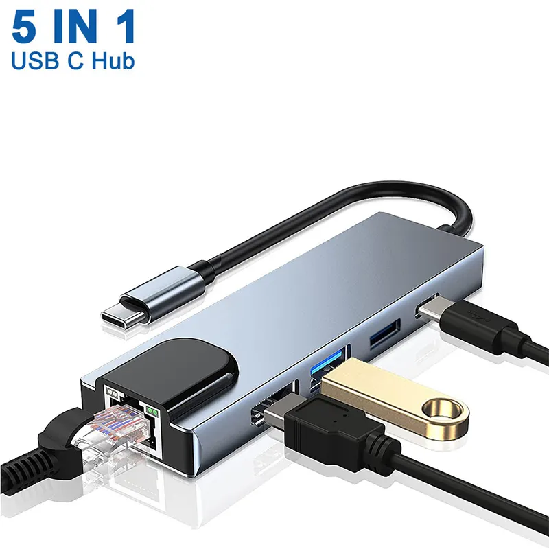 Chất lượng cao 5 cổng loại C HUB 5 trong 1 Multiport Dock trạm với 4K HD USB3.0 RJ45 SD TF USB-C PD sạc Adapter USB C HUB