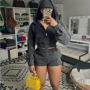 Vintage Women Jacket Shorts Sets Acid Washed Full Zip Up Hoodies Shorts Embroidery Logo Retro Women 2 Piece Set