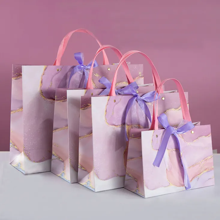 Fantasy Pink Marble Paper Bag With Ribbon Closure