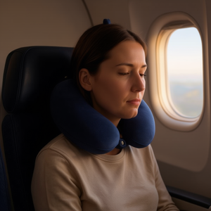 Cuscino da viaggio Ilan in memory foam blu navy, supporto per il collo per dormire in aereo e in auto - Product Image 3