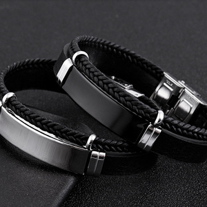 Hot Selling Blank <strong>Bracelet</strong> Custom Engrave Logo Simple Adjustable Stainless Steel Black Pu Leather Wrap Woven <strong>Bracelet</strong> for <strong>Men</strong> - Product Image 4