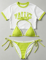 Set Bikini 3 Potong Wanita dengan Kaos Lengan Pendek Bermotif, Pakaian Pantai, Baju Renang, Pakaian Renang Liburan Musim Panas untuk Wanita