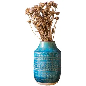 Papillon aile bleu motif géométrique en céramique Vase vieilli fleur Vintage ornement ornements décoratifs pot style ethnique