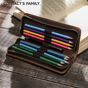 Custom Pen Pouch Genuine Cow Leather Zipper Pencil Bag Pen Bag Leather Pencil Case for School Stationery Bag