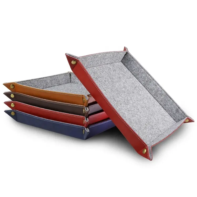 Hochwertige Luxus-PU-Leder und Filz Doppels chicht Aufbewahrung stablett Benutzer definierte Marke Square Catch all Leder Reises chmuck Valet Tray