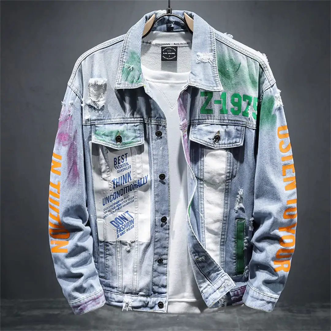 Custom streetwear plus size light washed ripped pattern graffiti colourful mens denim jackets