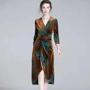 New Autumn Burn out printed dress brown High-end V-neck slim fit velvet dress